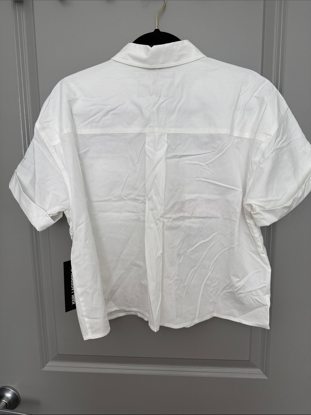 Karl Lagerfeld White Short Sleeve Button-Up with Black Logo Patch - Picture 3 of 7